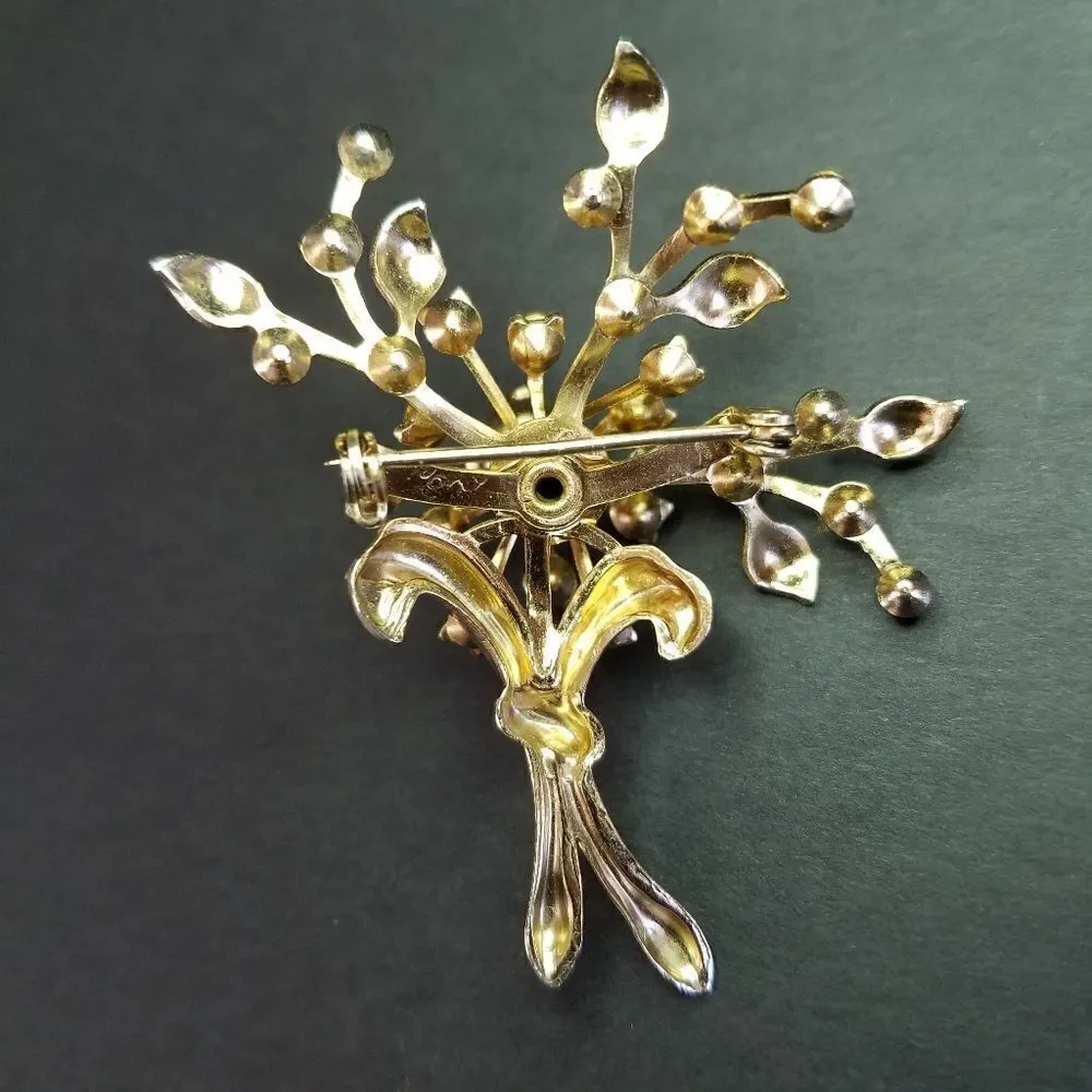 Vintage Signed Coro Pastel Blue Rhinestone Floral Bouquet Gold Tone Brooch Pin